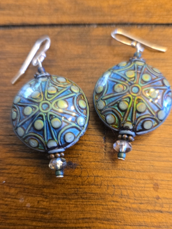 Jewelry - Handcrafted Mood Blue-Green Patterned Glass Drop Earrings